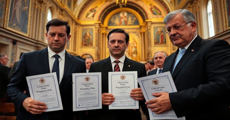 Obraz przedstawiający prezydenta Wołodymyra Zełenskiego podczas rozmów z przedstawicielami BlackRock i amerykańskimi urzędnikami w tradycyjnym kościele ukraińskim katolickim. W tle widoczne są ikony i religijne symbole.