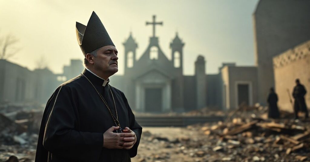 Tradycyjny ksiądz katolicki modli się w ruinach niszczonego kościoła na Ukrainie, symbolizując moralne i duchowe konsekwencje wsparcia UE