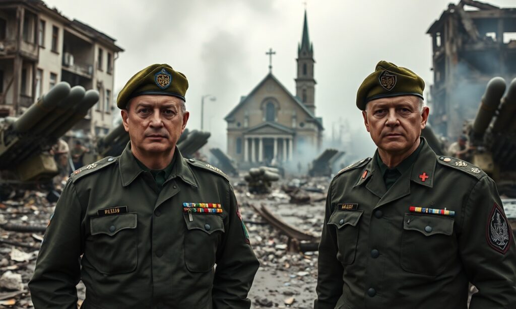 Pejzaż wojny na Ukrainie z oficerami wojskowymi w centrostronnym planie