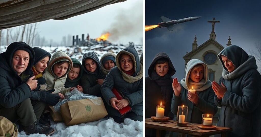 Grupa ukraińskich uchodźców pod prowizorycznym schronieniem w śniegu, tło: spalone kościoły i rakieta rosyjska