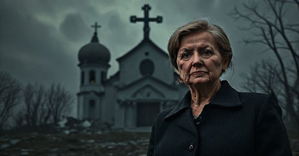 Switłana Hrynczuk przed rujnującą cerkwią prawosławną, symbolizującą upadek Ukrainy bez Chrystusa Króla