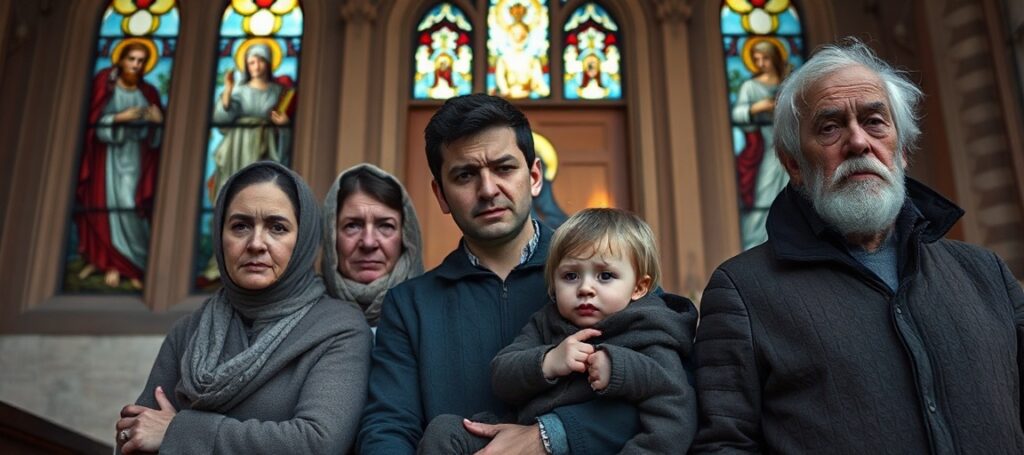 Zmęczona ukraińska rodzina stojąca przed kościołem katolickim w Polsce, szukająca azylu.