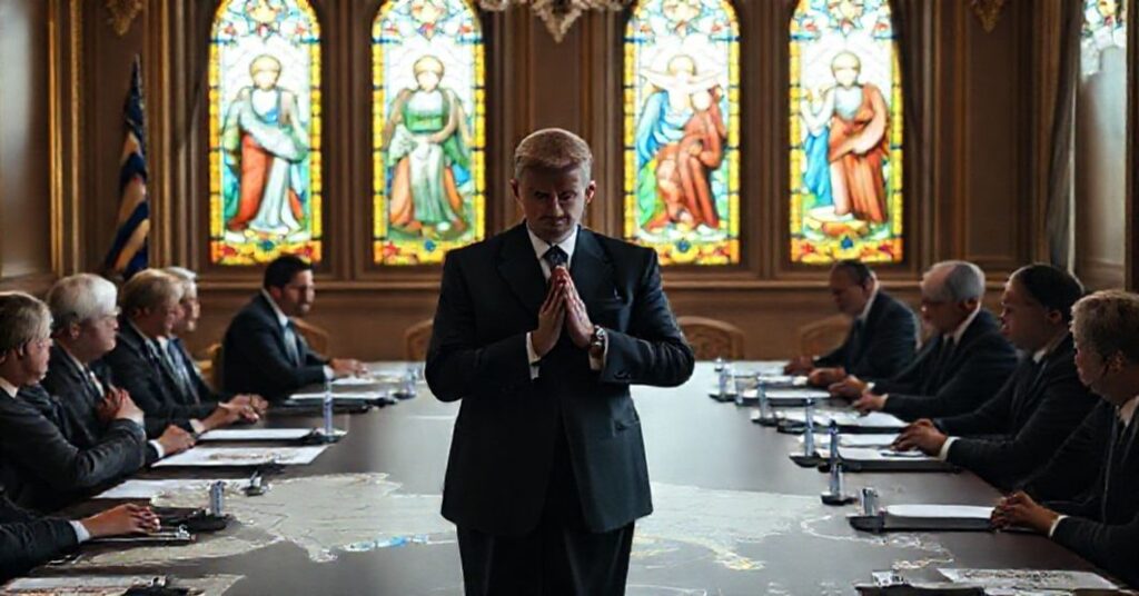 Prezydent Wołodymyr Zełenski modli się w trakcie negocjacji pokojowych w opactwie europejskim z dyplomatami amerykańskimi