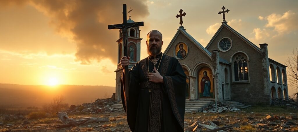 Ukraiński kapłan greckokatolicki w tradycyjnych ornatach stoi przed zniszczonym kościołem w symbolu oporu wobec prześladowań Patriarchatu Moskiewskiego.