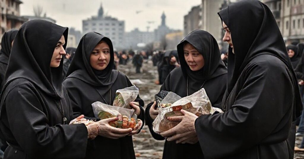 Ukraiński wolontariusze rozdają jedzenie ubogim w Kijowie na tle zniszczonego miasta podczas wojny, bez widocznych elementów sakramentalnych.
