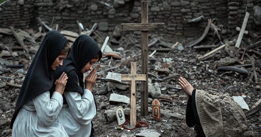 Ukraińskie kobiety w tradycyjnych katolickich strojach modlące się przed krzyżem na tle zniszczonego krajobrazu wojennego