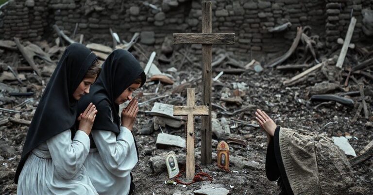 Ukraińskie kobiety w tradycyjnych katolickich strojach modlące się przed krzyżem na tle zniszczonego krajobrazu wojennego