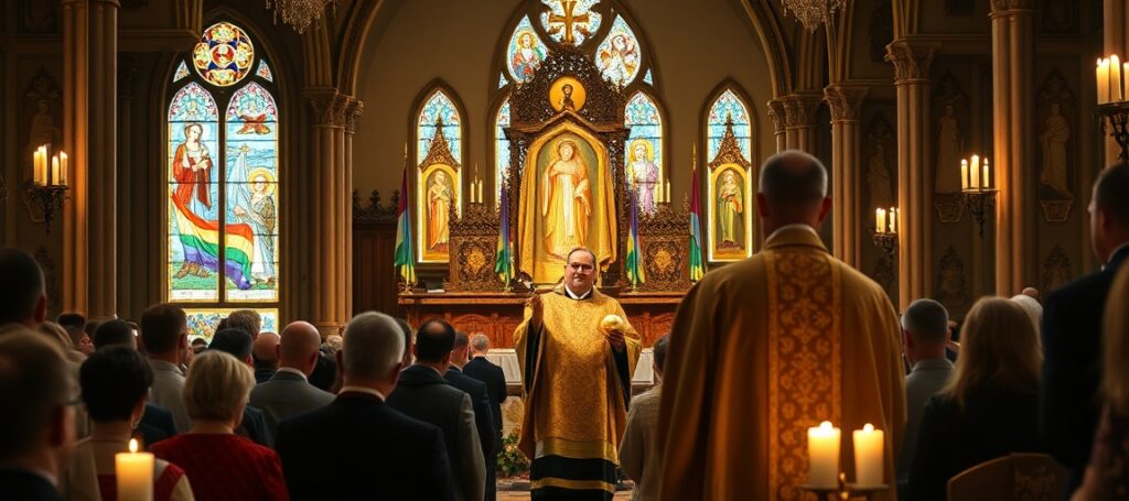 Uroczysta bizantyjska liturgia odprawiana przez ukraińskiego 'księdza' Andrija Kelta w pensylwańskim kościele z ikonostasem i zapalonymi świecami