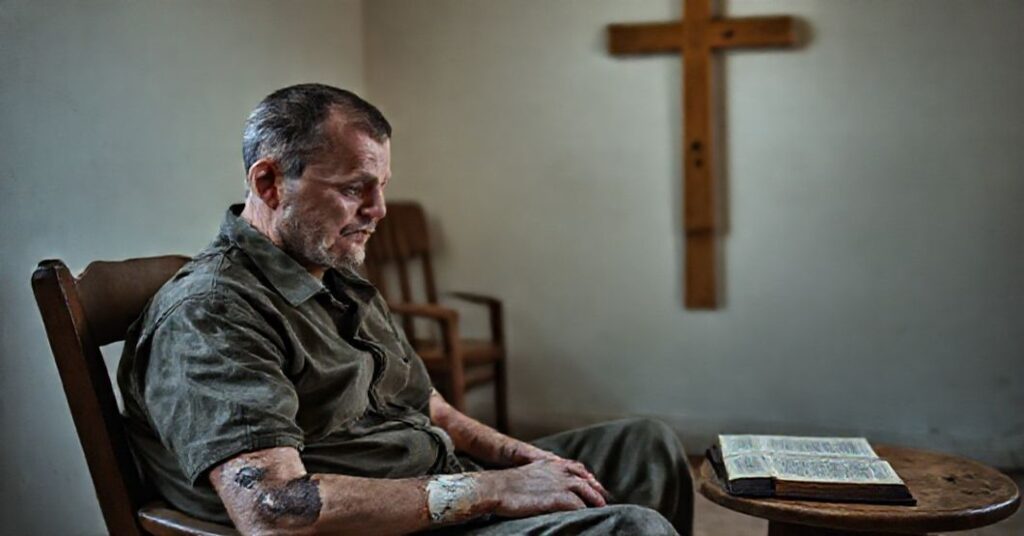 Portret rannyego ukraińskiego weterana z amputacjami w prostym pokoju z drewnym krzyżem na ścianie