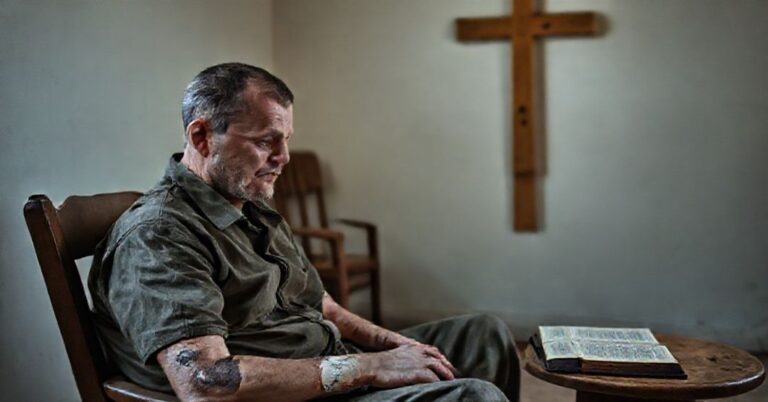 Portret rannyego ukraińskiego weterana z amputacjami w prostym pokoju z drewnym krzyżem na ścianie