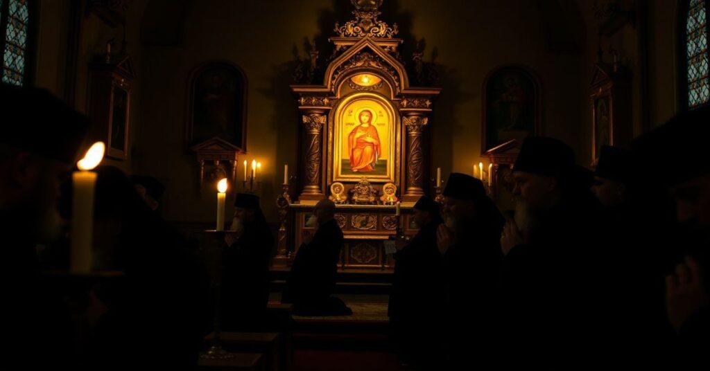 Tradycyjny ukraiński greckokatolicki kościół z wiernymi modlącymi się przed ikonostasem w atmosferze cierpienia i nadziei.