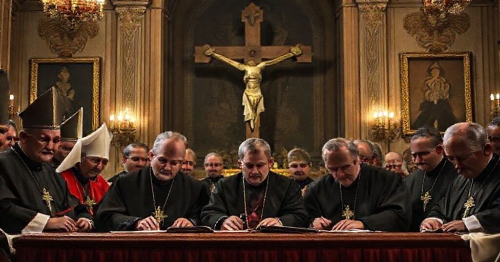 Zdradziecki moment podpisywania ekumenicznego oświadczenia przez ukraińskich „zwierzchników” religijnych w 2025 roku.