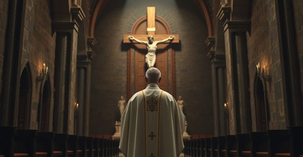 Ksiądz katolicki w tradycyjnych vestmentach przed krucyfiksem w podziemnej kaplicy, symbolizujący ukrytą wiarę i opór wobec prześladowań religijnych w Chinach