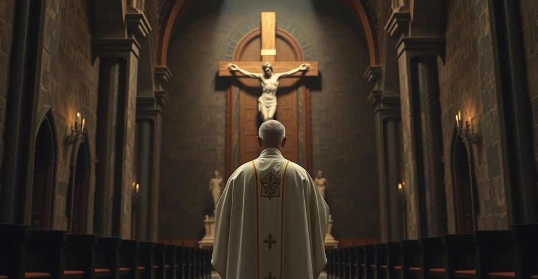 Ksiądz katolicki w tradycyjnych vestmentach przed krucyfiksem w podziemnej kaplicy, symbolizujący ukrytą wiarę i opór wobec prześladowań religijnych w Chinach