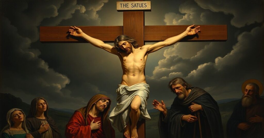 Obraz przedstawiający tradycyjną scenę ukrzyżowania Jezusa Chrystusa z Matką Boską i św. Janem Ewangelistą, podkreślający katolicką naukę o Zadośćuczynieniu.