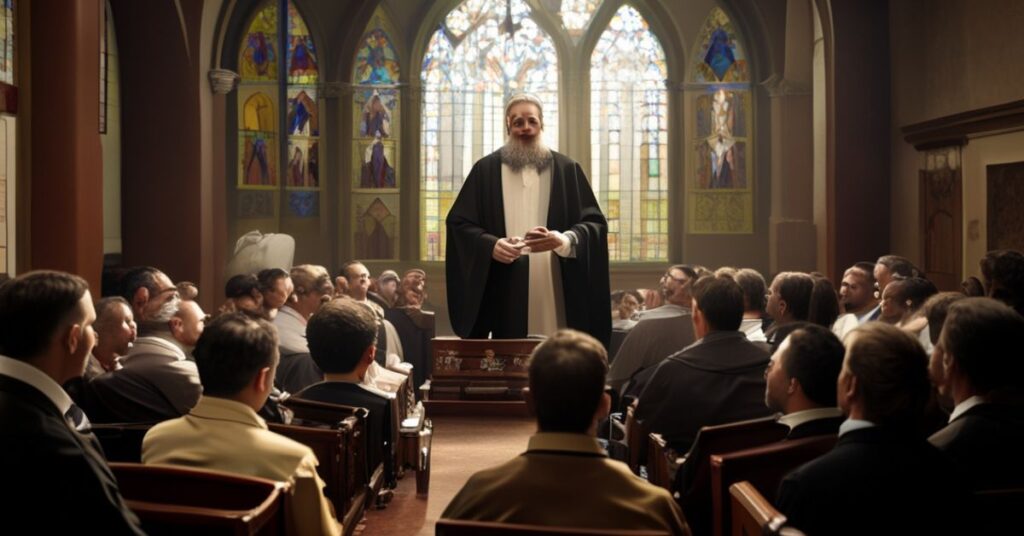 Scena w biurze Urzędu Pracy Stolicy Apostolskiej (ULSA) z ks. Marco Sprizziego przemawiającym do pracowników Watykanu.