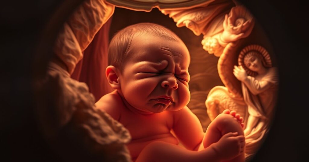 Ultradźwiękowe zdjęcie płodu w łonie matki z wyrazem mimicznym, symbolizujące cierpienie nienarodzonych, w duchu katolickiej refleksji i szacunku dla życia.