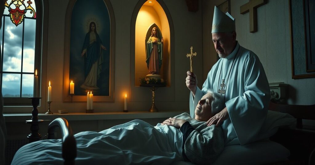 Scena tradycyjnej kaplicy szpitalnej z umierającą kobietą i sedevacantystą kapłanem udzielającym ostatnich sakramentów. Statua Serca Jezusowego i zapalone świece podkreślają duchową walkę w godzinie śmierci.