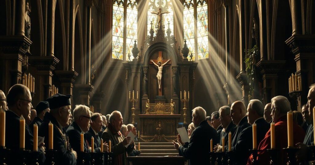 Wnętrze katedry z negocjatorami umowy handlowej Mercosur, ignorującymi obecność Chrystusa