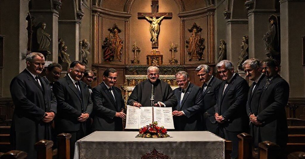 Scena w tradycyjnym kościele katolickim przedstawiająca podpisywanie kontrowersyjnej umowy UE-Mercosur przez polityków europejskich.