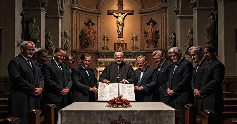 Scena w tradycyjnym kościele katolickim przedstawiająca podpisywanie kontrowersyjnej umowy UE-Mercosur przez polityków europejskich.