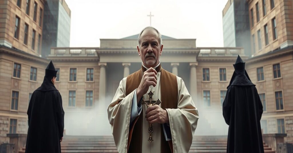 Ksiądz katolicki w tradycyjnych szatach stoi przed budynkiem Unii Europejskiej trzymając krzyż