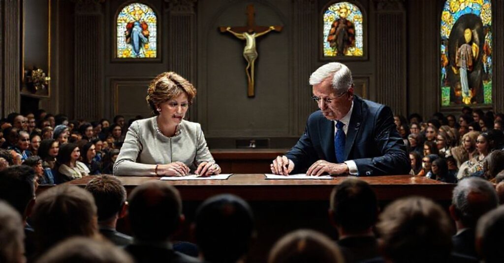 Realistyczne przedstawienie europejskich przywódców podpisujących pożyczkę dla Ukrainy w kontekście katolickiej krytyki