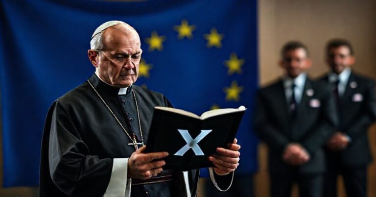 Tradycyjny ksiądz katolicki w szacie liturgicznej trzymający książkę z napisem 'Acta Diaboli' przed flagą Unii Europejskiej