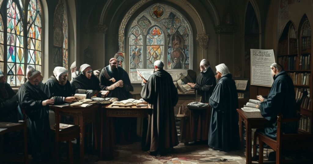 Tradycyjny wnętrze kościoła z grupą uczonych i księdzem trzymającym Syllabus błędów wobec islamizacyjnych projektów UE.