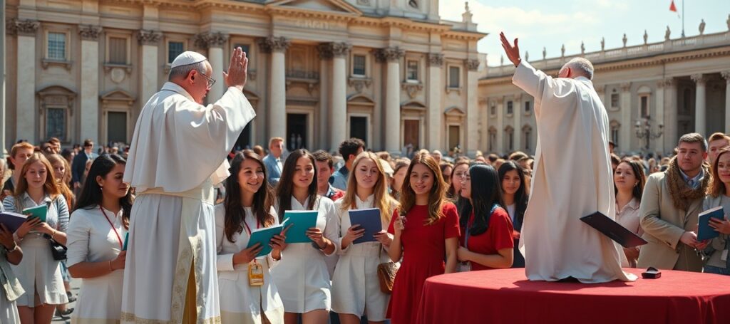 Uczestnicy programu inżynierskiego University of Mary modlą się przed fałszywym papieżem Leona XIV na Placu św. Piotra w Rzymie – symbol apostazji i kolaboracji z Novus Ordo