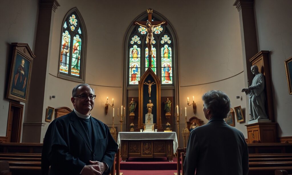 Uroczysta scena w kaplicy Uniwersytetu św. Tomasza w Houston z tradycyjnymi katolickimi przywódcami R.R. Reno, Adamem Laxaltem i Mary Eberstadt.