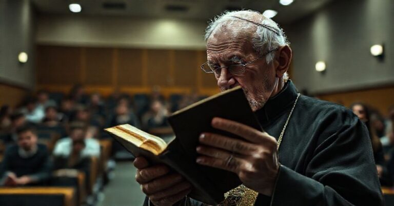 Stary ksiądz w sutannie trzymający Biblię w uniwersyteckiej sali wykładowej z niespokojnymi studentami na tle. Scena symbolizuje kulturowy upadek i brak szacunku do objawienia boskiego.
