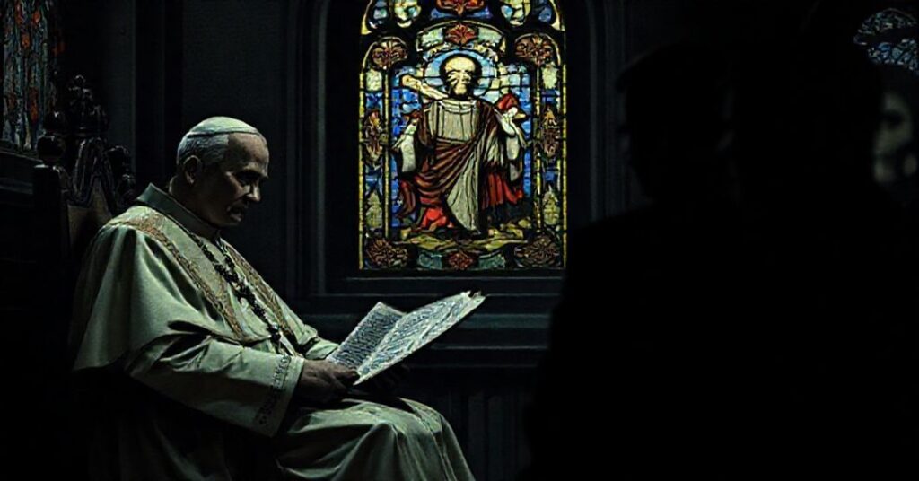 Obraz przedstawiający papieża Piusa X w modlitwie przed witrażem Chrystusa Króla w średniowiecznym katedrze. Na tle widoczni są postacie Kevina Robertsa i Tuckera Carlsona w cieniu, co symbolizuje upadek autorytetu moralnego w świecie pozbawionym sacrum.