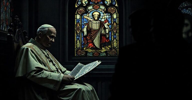 Obraz przedstawiający papieża Piusa X w modlitwie przed witrażem Chrystusa Króla w średniowiecznym katedrze. Na tle widoczni są postacie Kevina Robertsa i Tuckera Carlsona w cieniu, co symbolizuje upadek autorytetu moralnego w świecie pozbawionym sacrum.