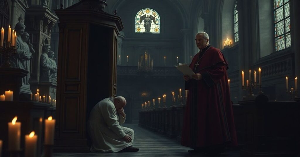 Scena w katedrze przedstawiająca upadłego neo-modernistycznego biskupa Jean-Paula Guschinga w konfesjonałach, z "arcybiskupem" Philippe Ballotem stojącym obok