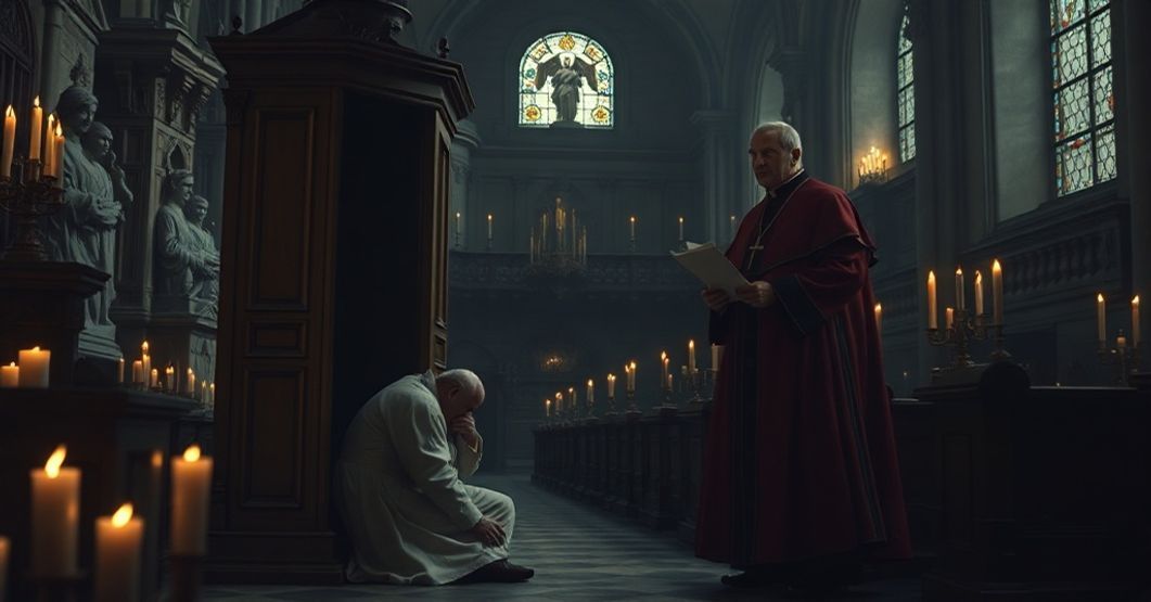 Scena w katedrze przedstawiająca upadłego neo-modernistycznego biskupa Jean-Paula Guschinga w konfesjonałach, z "arcybiskupem" Philippe Ballotem stojącym obok