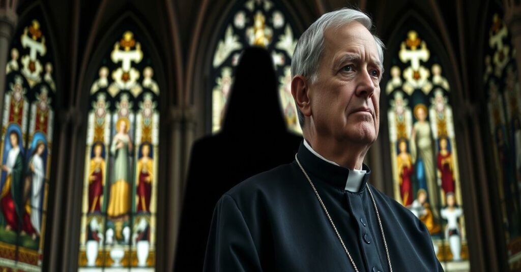 Portret Ricka Stiki przed gotycką katedrą katolicką z oknami witrażowymi przedstawiającymi Misterium Pasji. Tło ukazuje cieniastą postać Wojciecha Sobczuka.