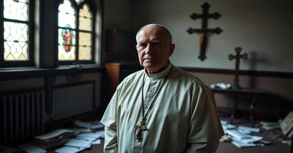 Portret emerytowanego biskupa Rémy'ego Vancottema w izolacji, symbolizujący upadek moralny i tajne kary Kościoła nowych czasów.