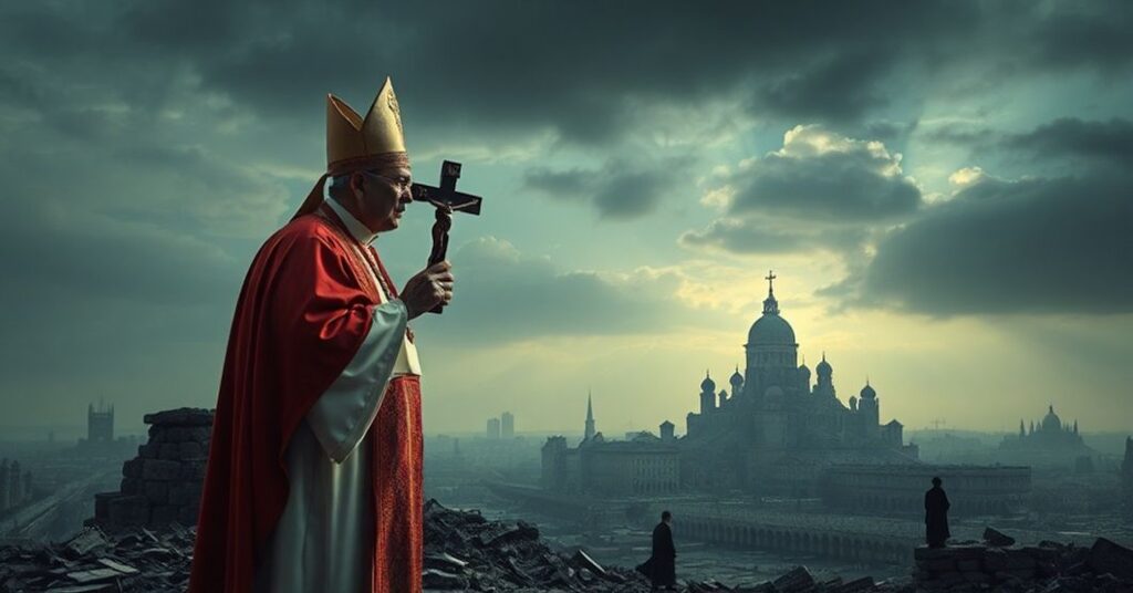 Tradycyjny kapłan stoi w poprągu przed ruinami nowoczesnego miasta trzymając krzyż. Symbolizuje upadek chrześcijańskiego porządku i egoizm mocarstw.