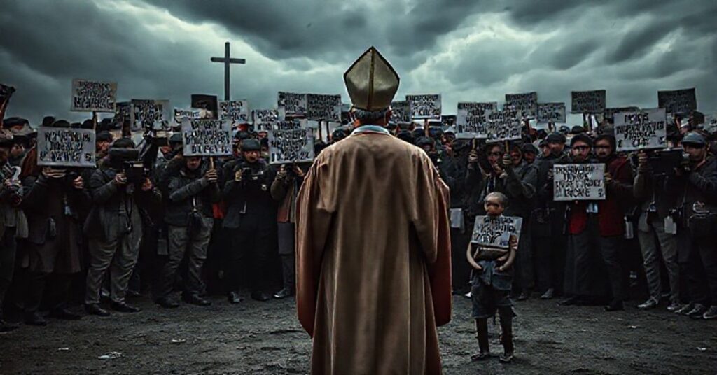 Katolicki ksiądz w ornaty przed protestującymi dziennikarzami, z samotnym dzieckiem migranta na tle - obraz upadku chrześcijańskiej cywilizacji.