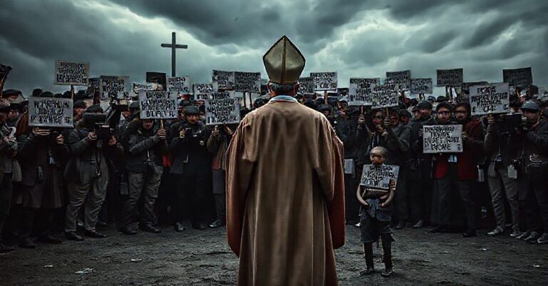 Katolicki ksiądz w ornaty przed protestującymi dziennikarzami, z samotnym dzieckiem migranta na tle - obraz upadku chrześcijańskiej cywilizacji.