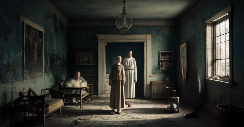 Opuśczony dom opieki House of Loreto w Ohio, symbolizujący upadek duchowy i materialny pod opieką modernistycznych "sióstr", z zaniedbanymi mieszkańcami i rozkładającymi wnętrzami.