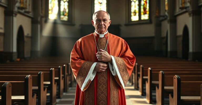 Tradycyjny biskup w pełnym stroju liturgicznym stojący w opuszczonym kościele z promieniami słońca prześwietlającymi witraże.