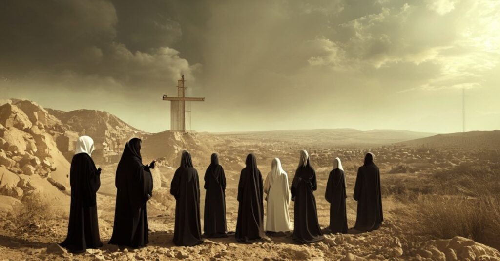 Scena katolicka w Gazie z bezlubnym 'proboszczem' Jusufem Asadem i siostrami z Instytutu Słowa Wcielonego, ukazująca upadek duszpasterstwa w regionie.