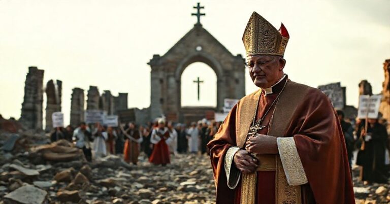 Biskup w liturgicznych szatach stoi w ruinach kościoła symbolizując upadek prawdziwej wiary