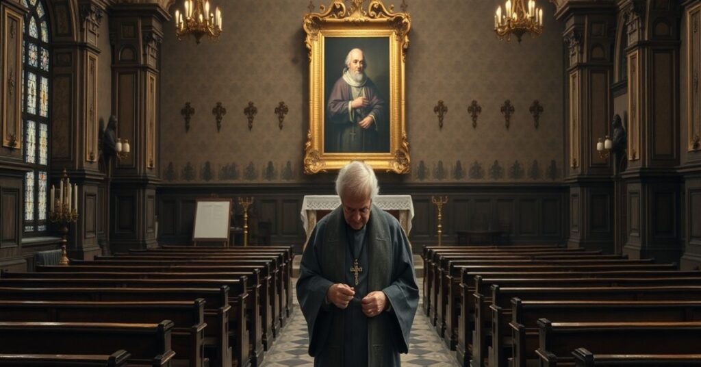 Pusty kościół katolicki z kapłanem w starannych szatach liturgicznych przed ołtarzem, symbolizujący upadek ewangelizacji i odrzucenie tradycji