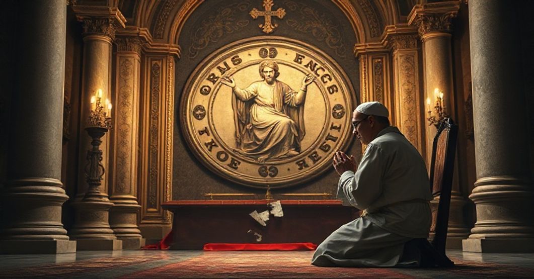 Kobieta w tradycyjnym stroju modlącym się w kaplicy z obrazem Chrystusa Króla na tle symbolizującym upadek Francji.