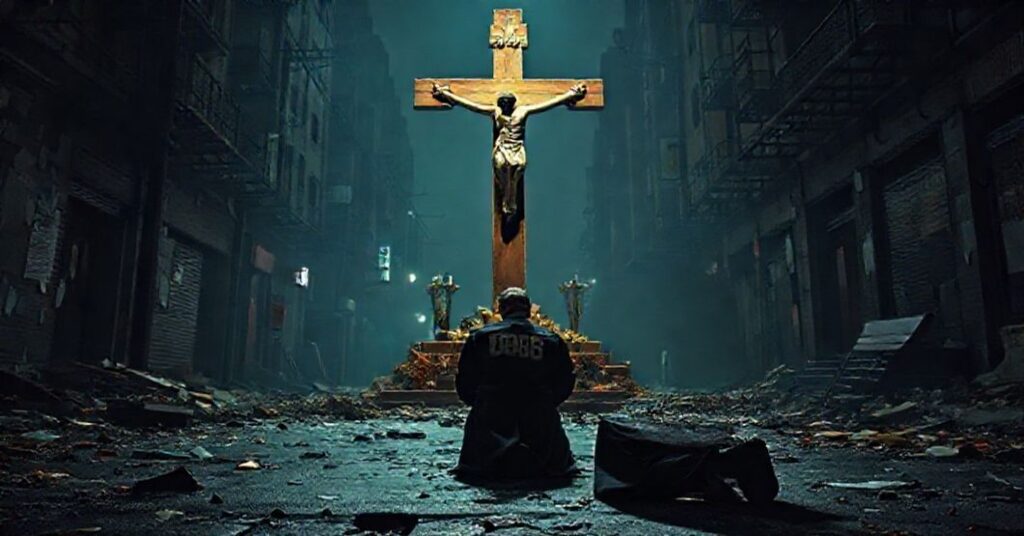 Czobanią scenę przedstawiającą upadły kapłan przed krzyżem w ciemnym mieście, symbolizującym moralny upadek Zachodu.