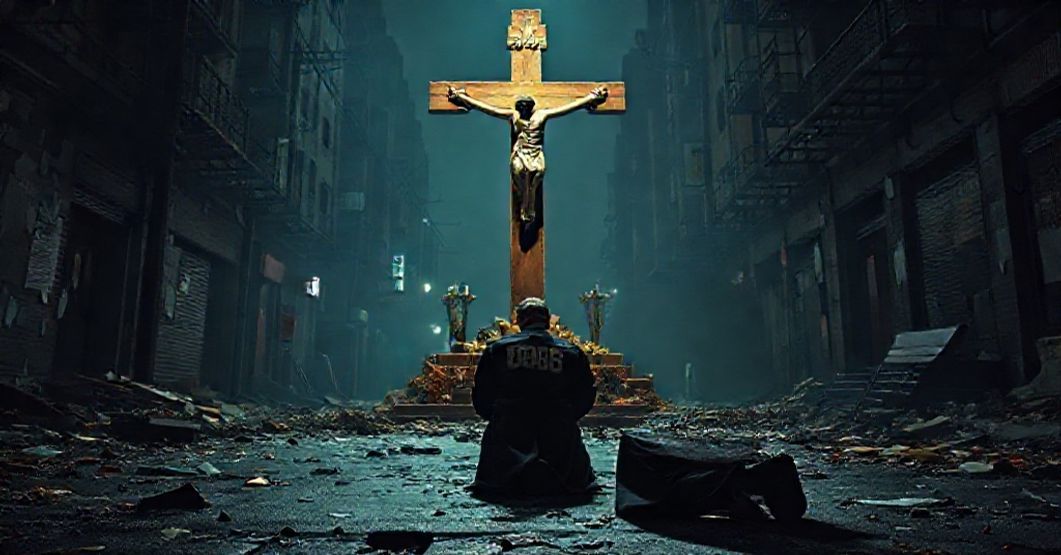 Czobanią scenę przedstawiającą upadły kapłan przed krzyżem w ciemnym mieście, symbolizującym moralny upadek Zachodu.