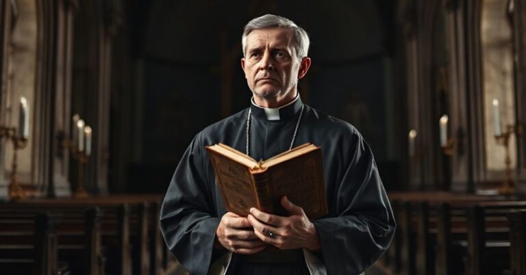 Ksiądz w tradycyjnym sutannie stoi w pustej, nieświetlnej kościele z wyedytowanym wydaniem Mszału Trydenckiego. Scena symbolizuje upadek prawdziwego kapłaństwa i kryzys katolickiej doktryny.